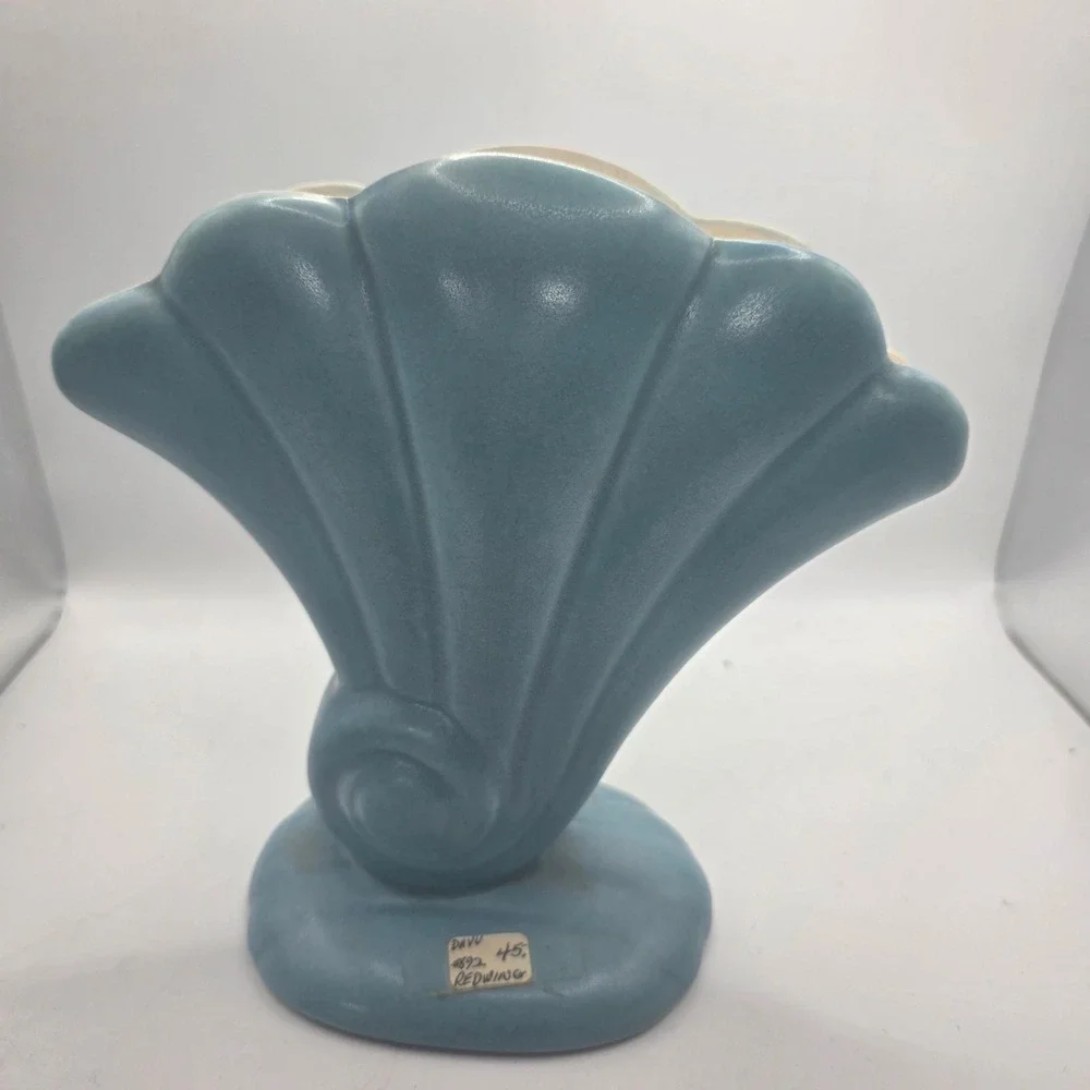 Red Wing Pottery 892 Blue Fan Shell Nautilus Vase USA Art Deco MCM 7.5